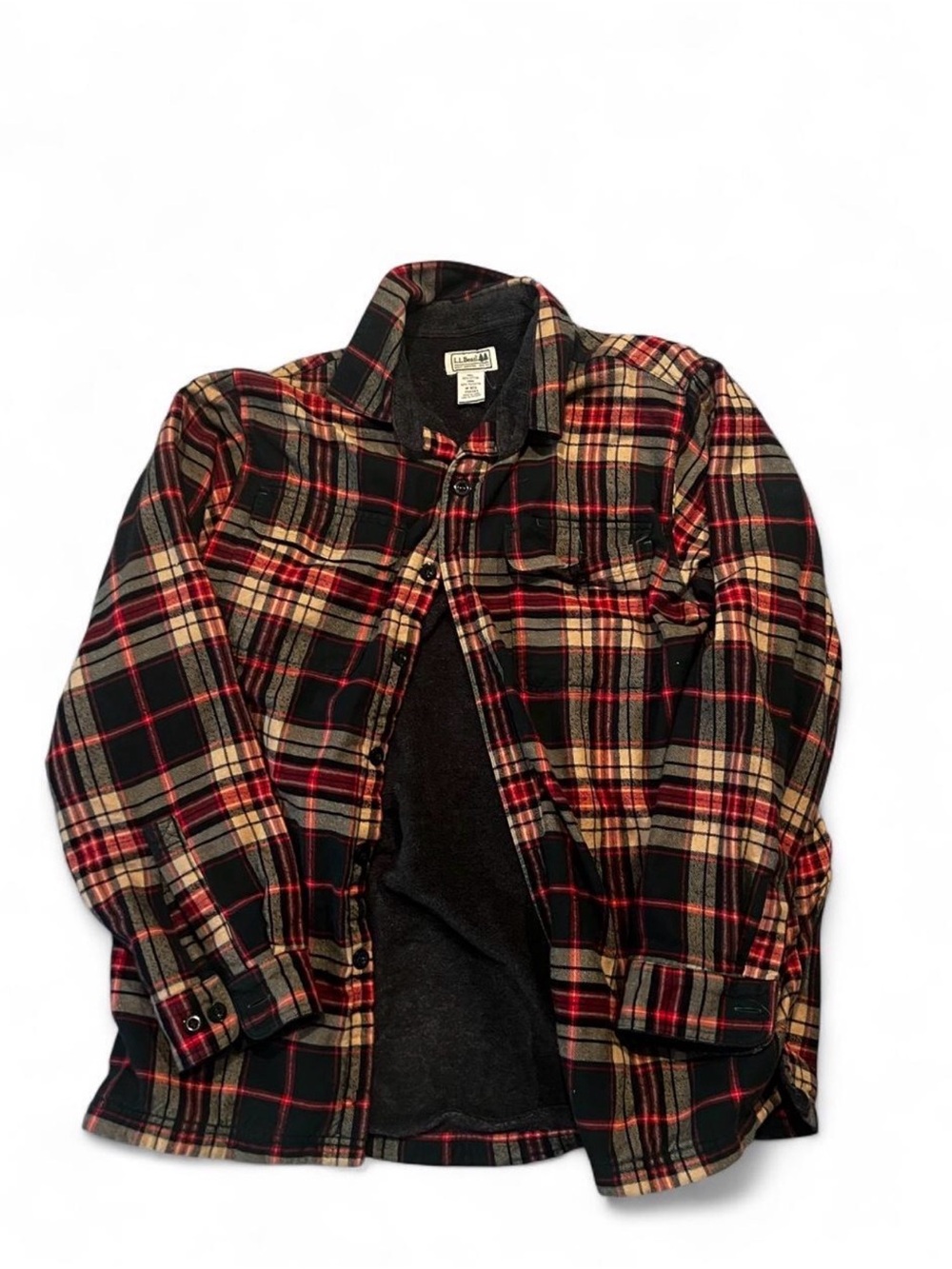 L.L. Bean Dark Grey Red & Tan Plaid Button-Down Shirt Fleece Lined
